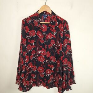 Venezia Floral Silk Button Up Shirt Flare Sleeve Blouse